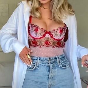 Victoria’s Secret VS Rosebud Dot Wicked Teddy Sheer Metallic Mesh Floral‎ Red XL